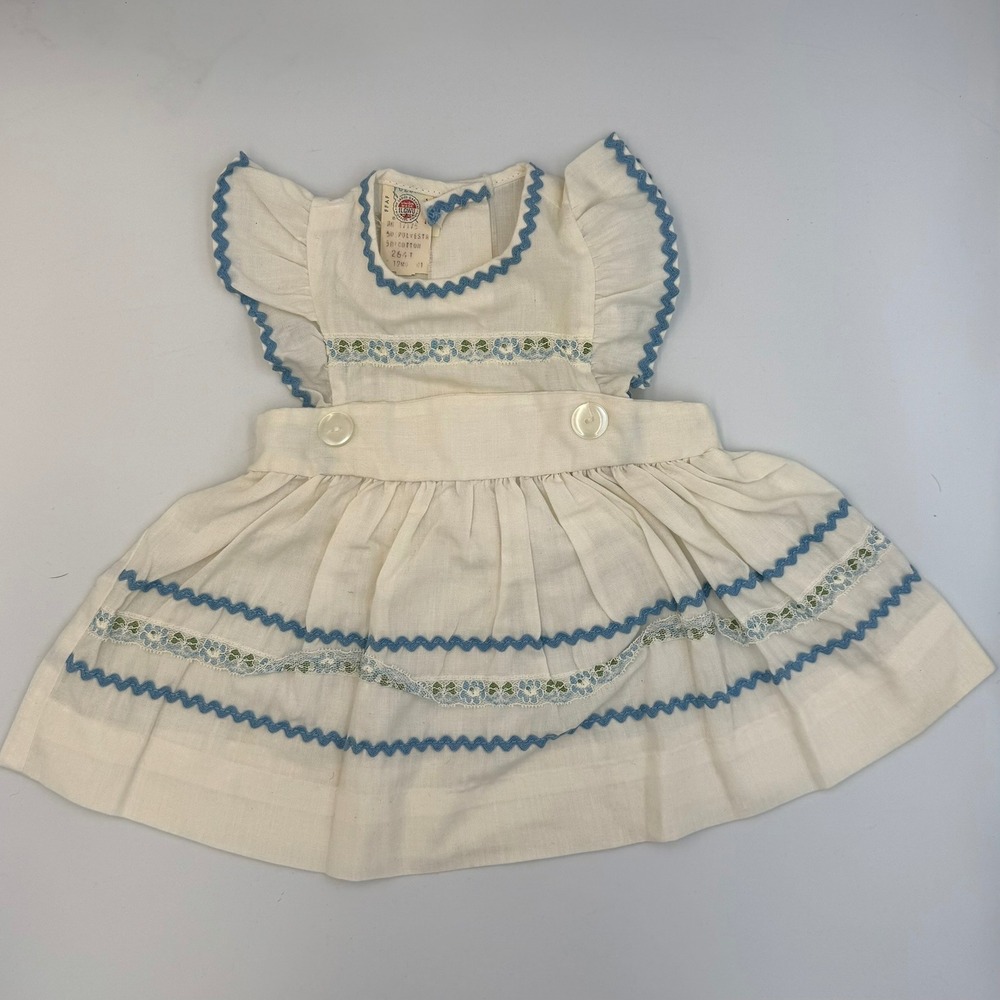 Vintage Baby Pinafore Dress Ruffle Blue‎ Trim Embroidered Cotton Blend 12M